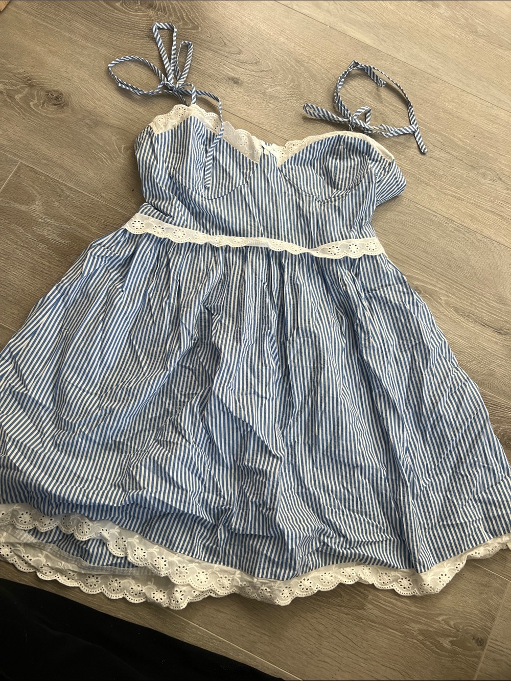 Forever 21 Blue and White Striped Eyelet Trim Mini Sundress